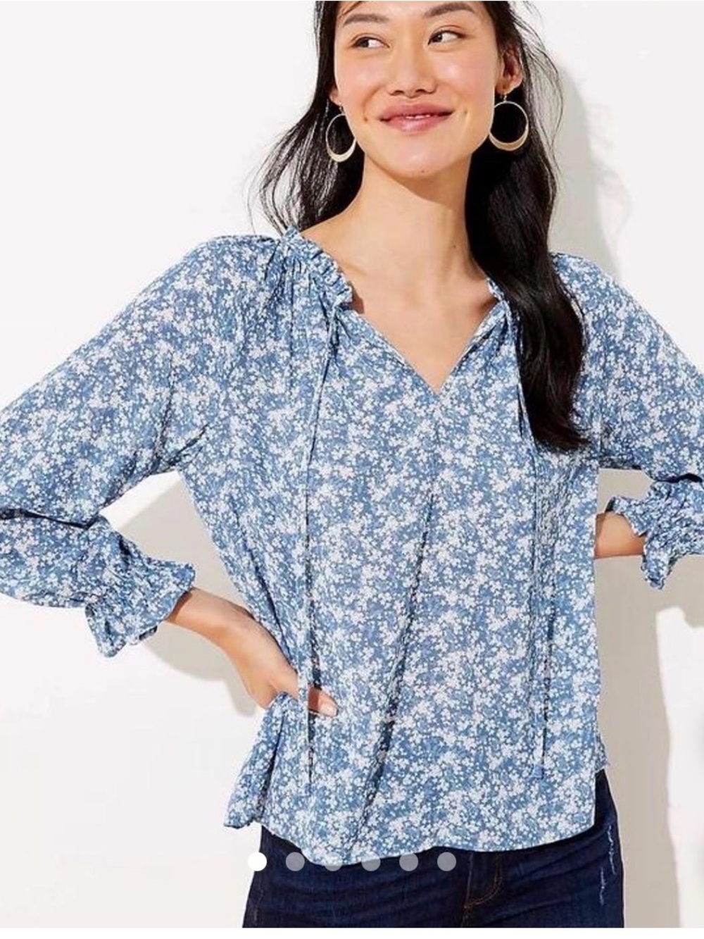LOFT Blue Floral Ruffle Tie-Neck Blouse